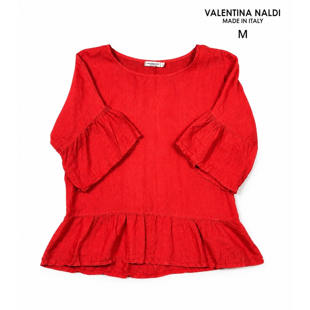 Valentina Naldi Made Italy Linen Blouse Size M Red Peplum Ruffle Sleeve Boho